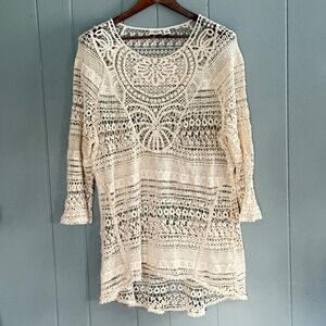 Cato Woman Ivory Crochet Lace Tunic Top 100% Cotton Resort Wear 18/20 Boho Beach